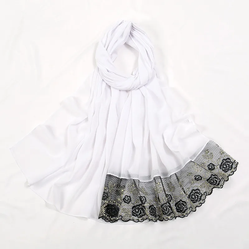 Flower Lace Pearl Chiffon Scarf - 2 Navy Blue