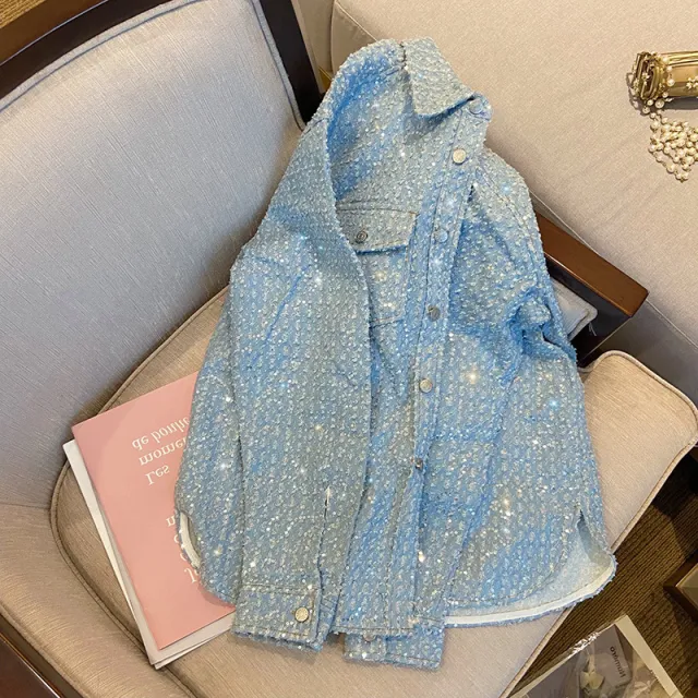 Women's Loose Casual Sequin Short Jacket Light Blue - Shop at LoveMi