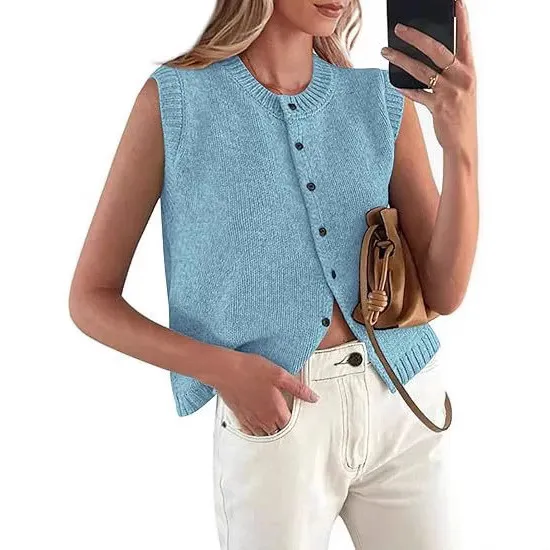 Single-breasted Sleeveless Knitted Vest - Blue