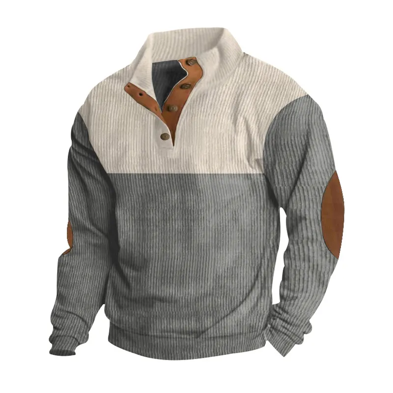 Men's Casual Button Half-open Stand Collar Coat Fashion Colourblock Sweater - Grey