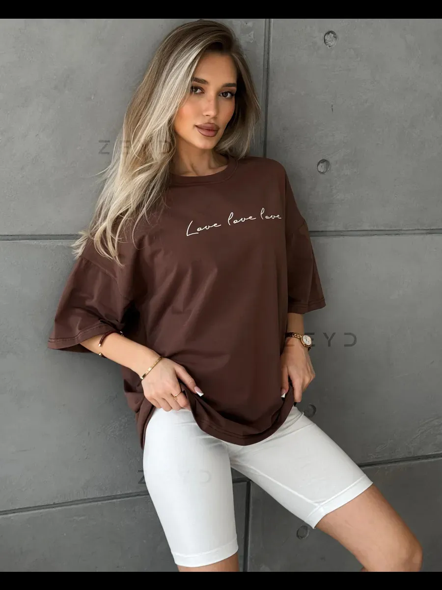 Commuter Sweet Letter Printed Cotton Short-sleeved T-shirt - Dark Coffee Color