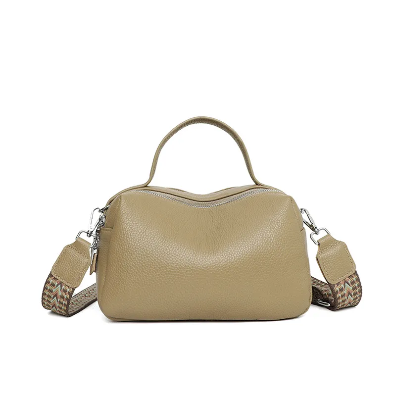 First Layer Cowhide Leather Single-shoulder Bag Summer New Classic Double Pull Large Capacity - Khaki