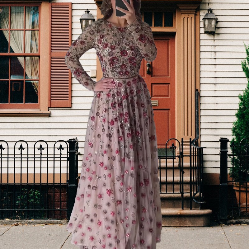 Figure-hugging Slimming Long-sleeve Belted Maxi Dress