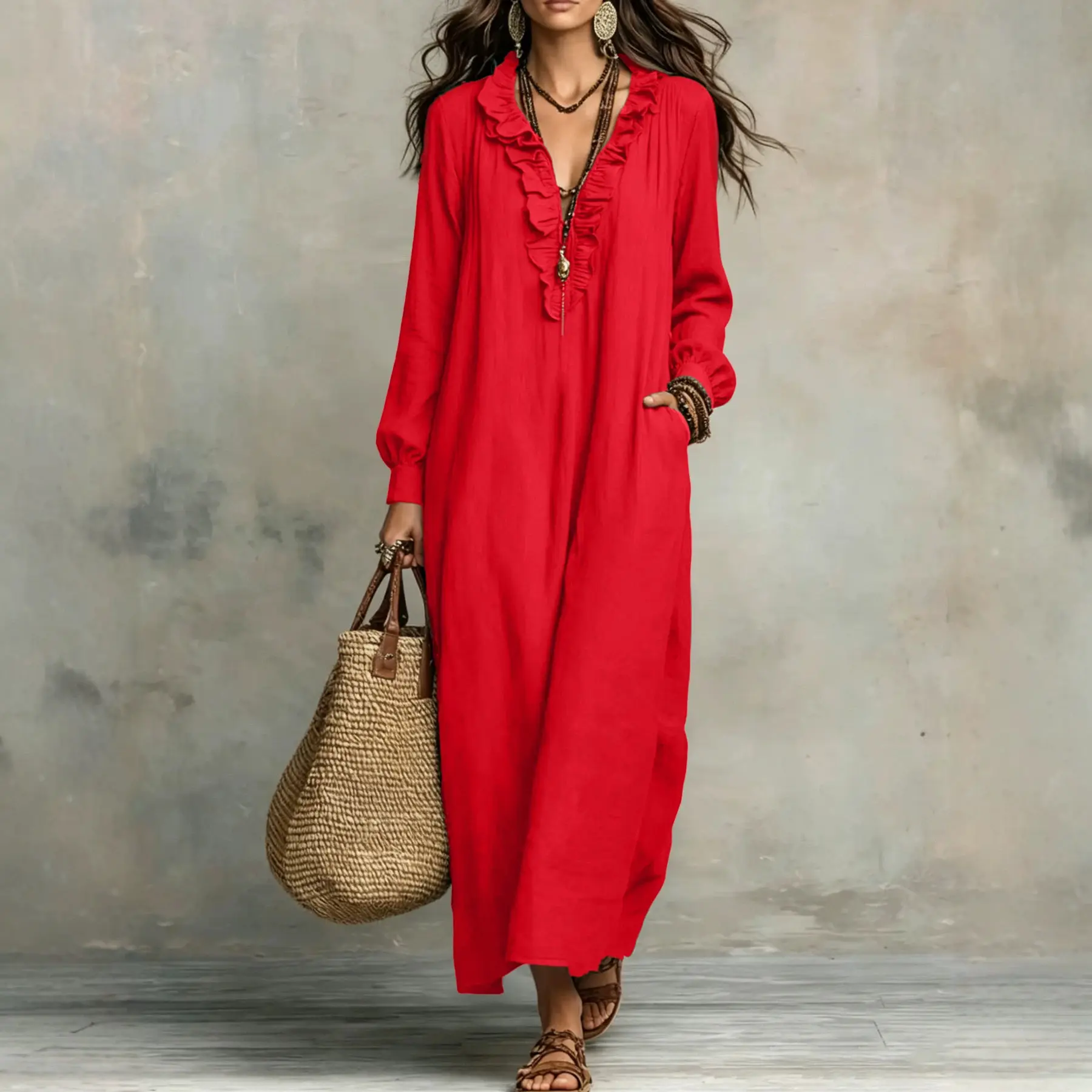 Womens Solid-color Fashionable V-neck Casual Long-sleeve Dress
