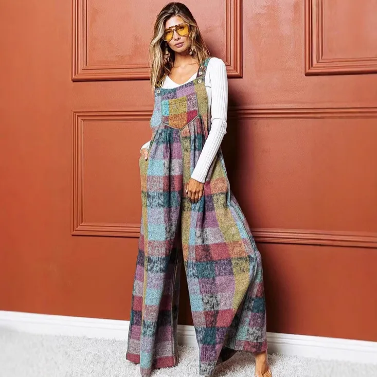 Women's Multi-color Plush Plaid Wide-leg Overalls - M-Color