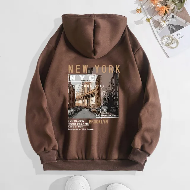 Autumn And Winter Printing Hooded Fleece lined Women's Sweater Brown - Shop at LoveMi
