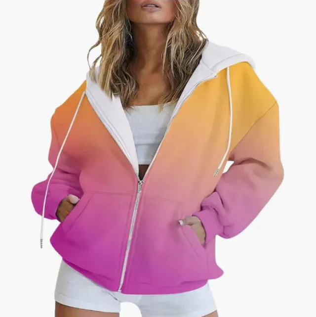 Gradient 3D Digital Printing Casual Long sleeved Zipper Hooded Sweatshirt Sweater For Women Orange - Shop at LoveMi