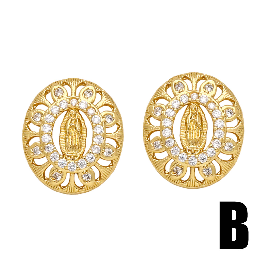 Inlaid Zircon Virgin Mary Ear Studs Copper Plating 18K Gold