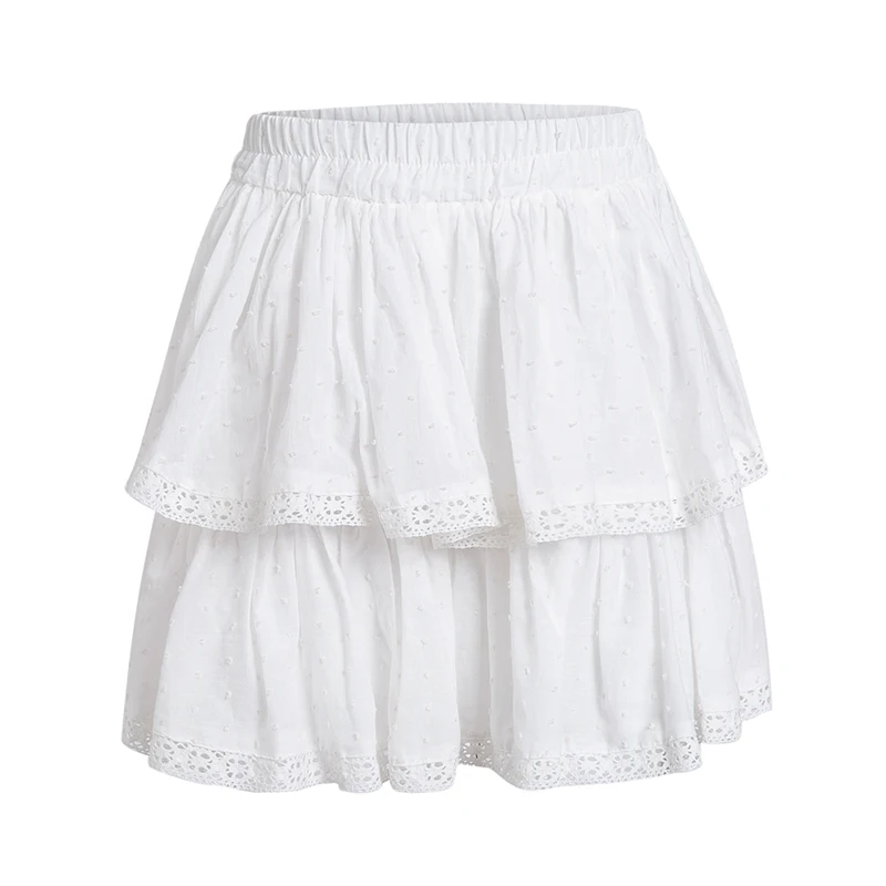 Title 14, White ruffled lace skirt for women. Create roma...