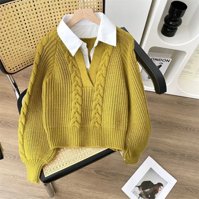 Fake Two Pieces Sweaters Autumn And Winter Women's Clothing Yellow - Shop at LoveMi