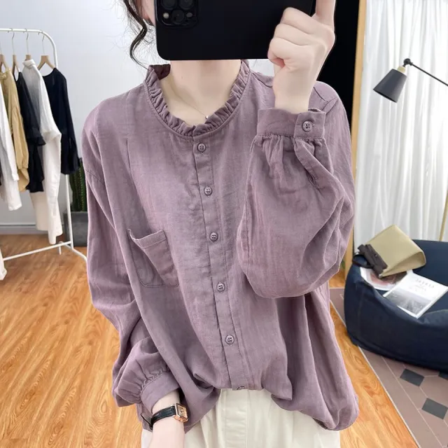 Women's Long sleeved Cotton And Linen Loose Youthful looking Ruffled Collar Shirt Taro Purple - Shop at LoveMi
