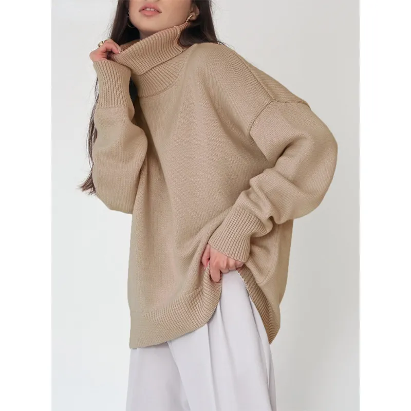 Solid Colour Turtleneck Comfortable Loose Pullover Women's Sweater - Khaki