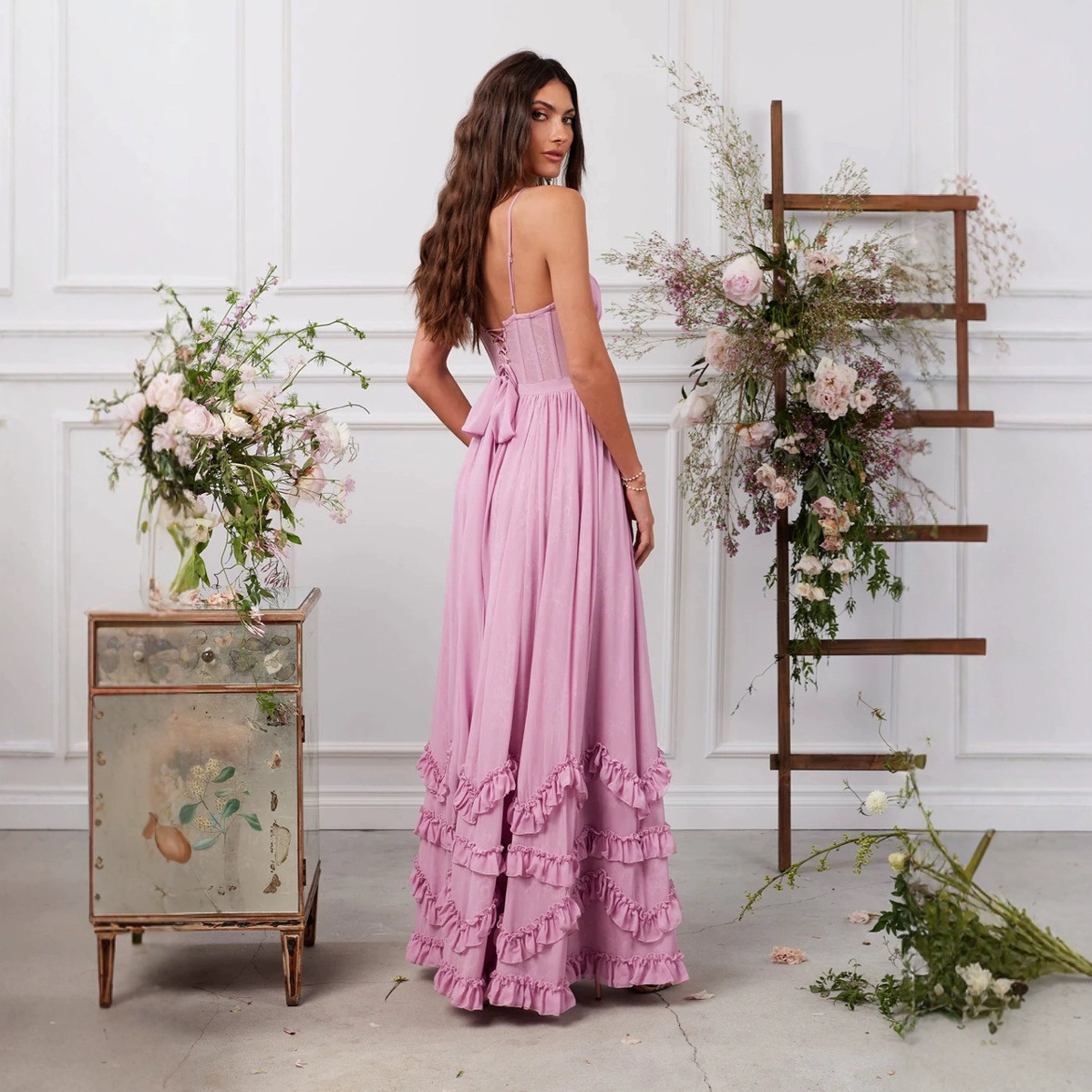 Wrapped Chest Fishbone Solid Color Dress Women