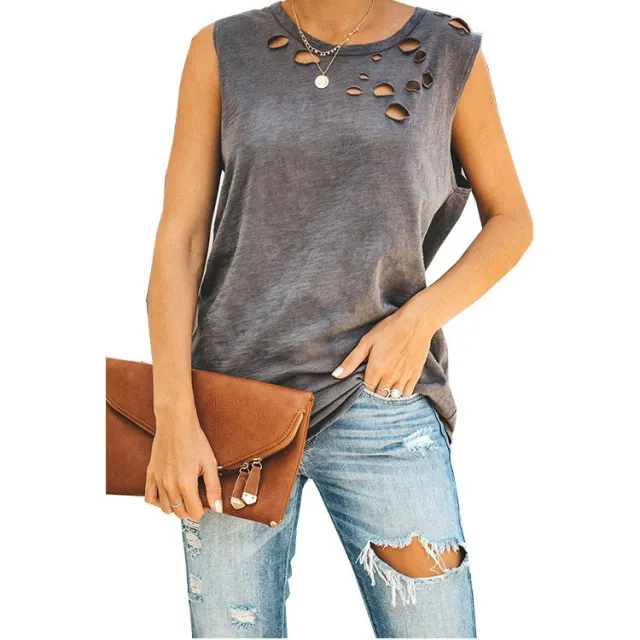 Hollow T shirt Top Women's Casual Sleeveless Vest Gray - Shop at LoveMi
