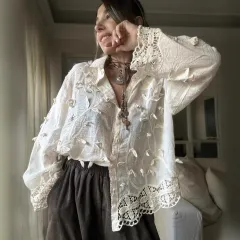 Crocheted Long-sleeved Shirt Autumn Top - Apricot - View 1