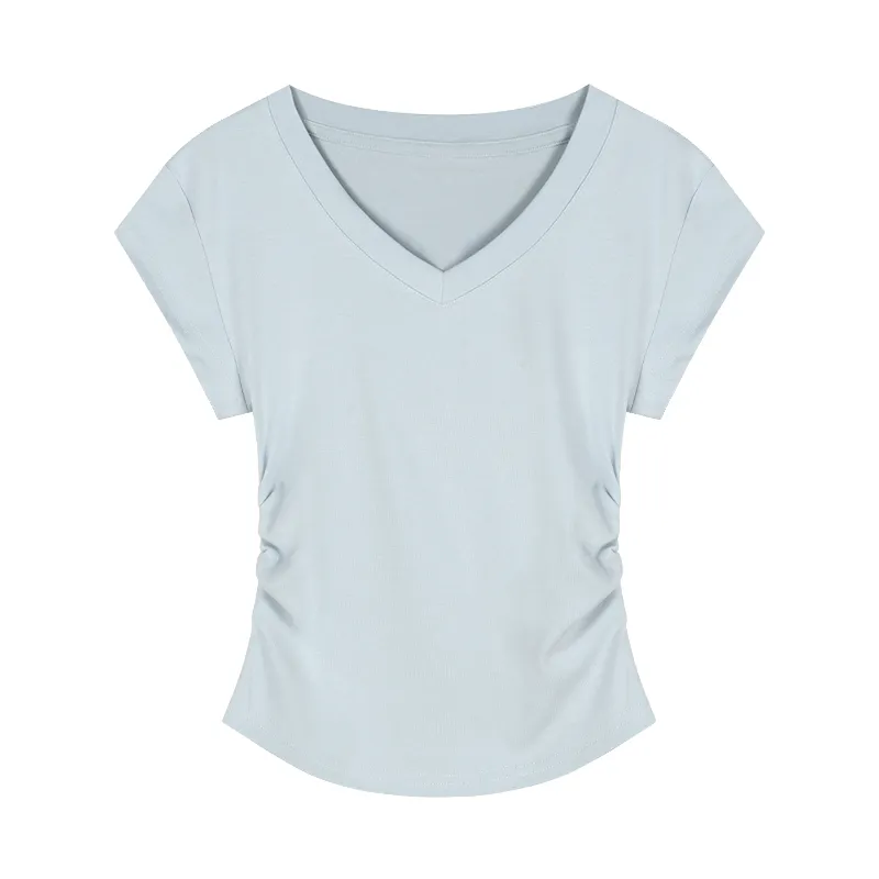 V-neck Short-sleeved Shoulder T-shirt Design Tight Waist Bottoming Shirt - Light Blue