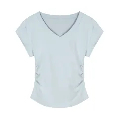 V-neck Short-sleeved Shoulder T-shirt Design Tight Waist Bottoming Shirt - Light Blue - View 1