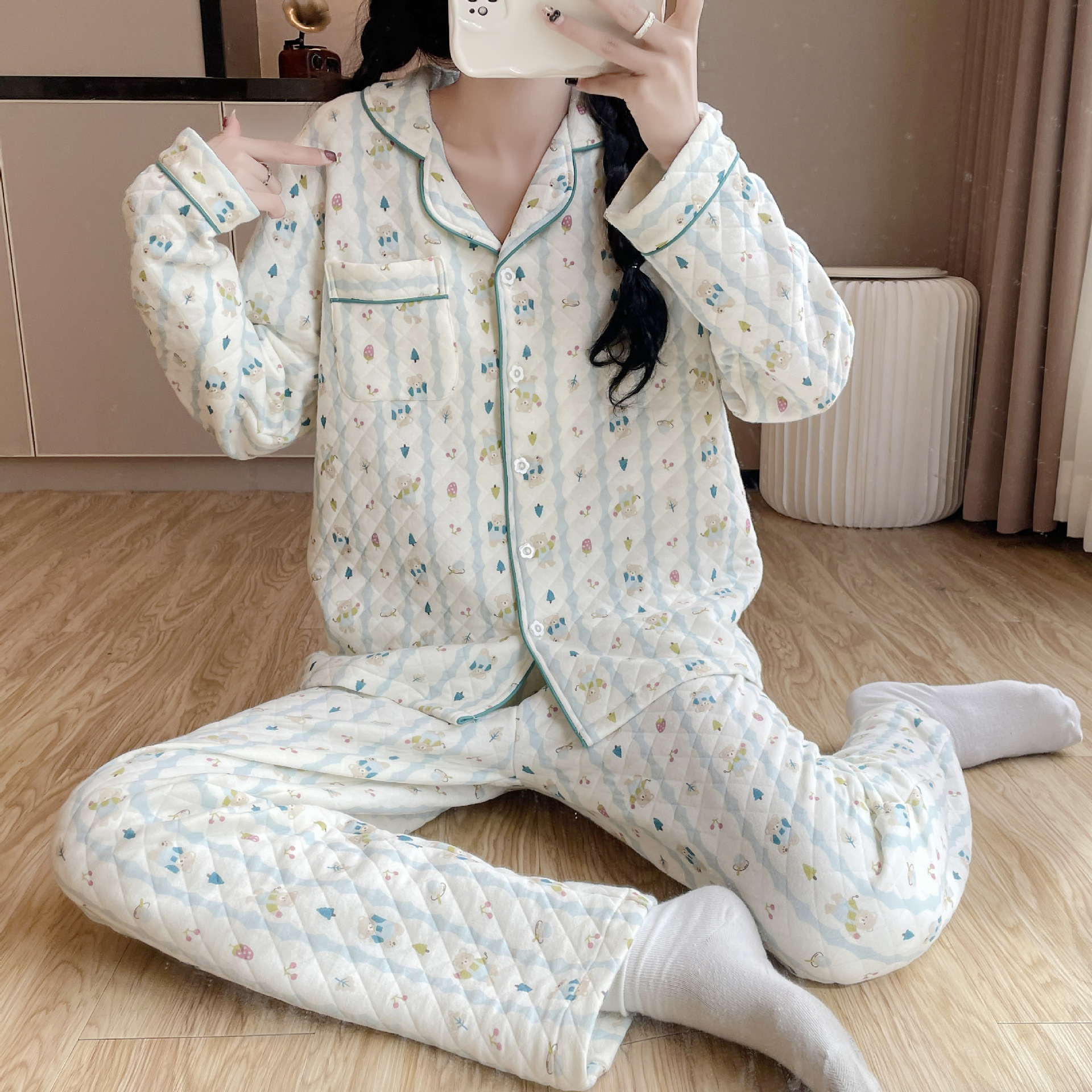 Womens Cotton Long-Sleeve All-Cotton Cozy Sweet Loungewear Set