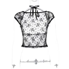 New Style Sexy Lace Backless Halter T-shirt - Black - View 1