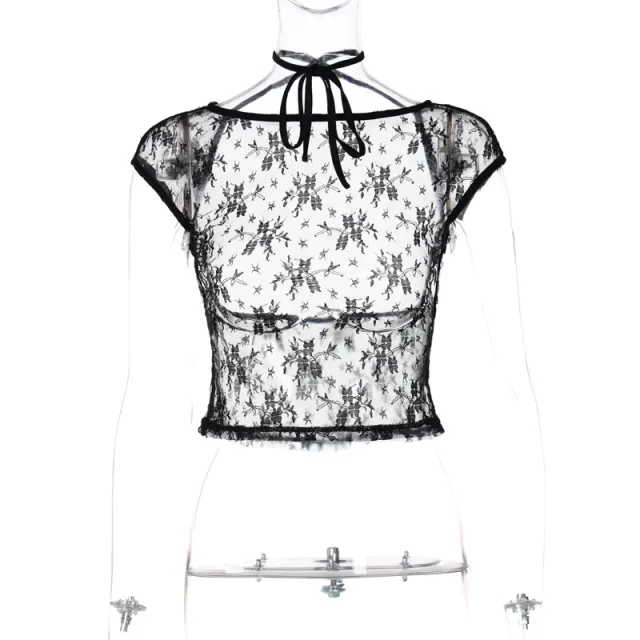 New Style Sexy Lace Backless Halter T shirt Black - Shop at LoveMi