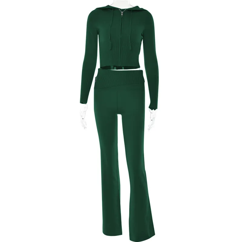 Knitted Hooded Suits Women's High Waist Long Sleeves Trousers Two-piece Set - Green