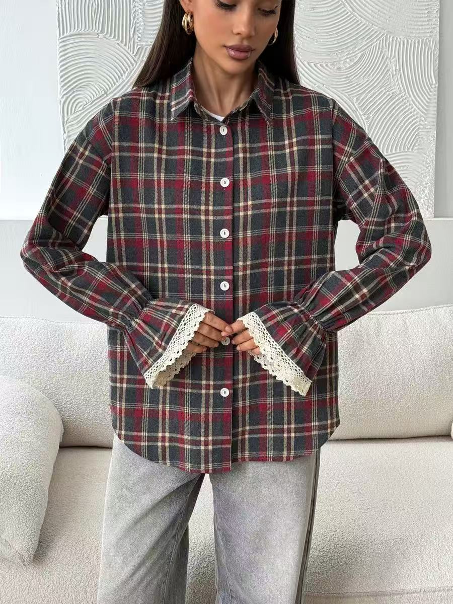 Womens Retro Loose-Fit Plaid Shirt