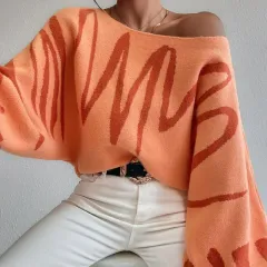 New Lantern-sleeved Pullover Sweater Fashion Line Printed Loose Tops Women's Clothing - Orange - View 1