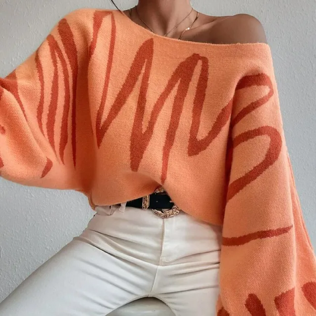 New Lantern sleeved Pullover Sweater Fashion Line Printed Loose Tops Women's Clothing Orange - Shop at LoveMi