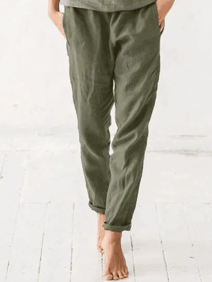 Women's Elastic Waist Solid Color Cotton And Linen Casual Trousers - Army Green