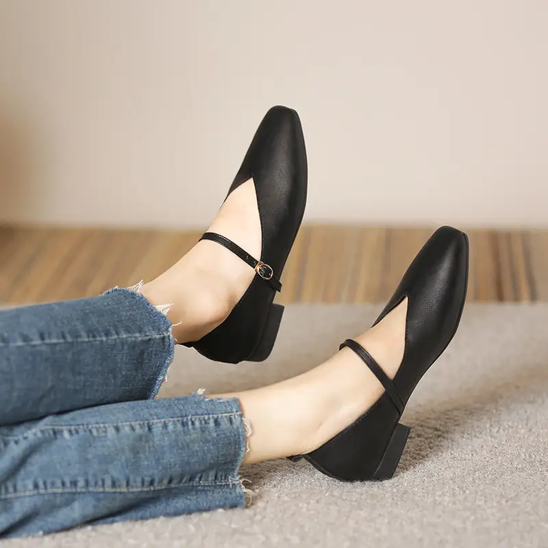 Retro Buckle Low-Heel Shoes Artistic Square-Toe Soft Leather Mary Jane Shoes