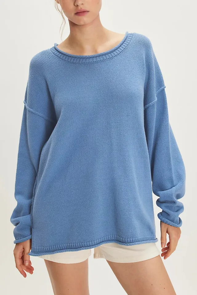 Solid Color Round Neck Sweater Blue - Shop at LoveMi