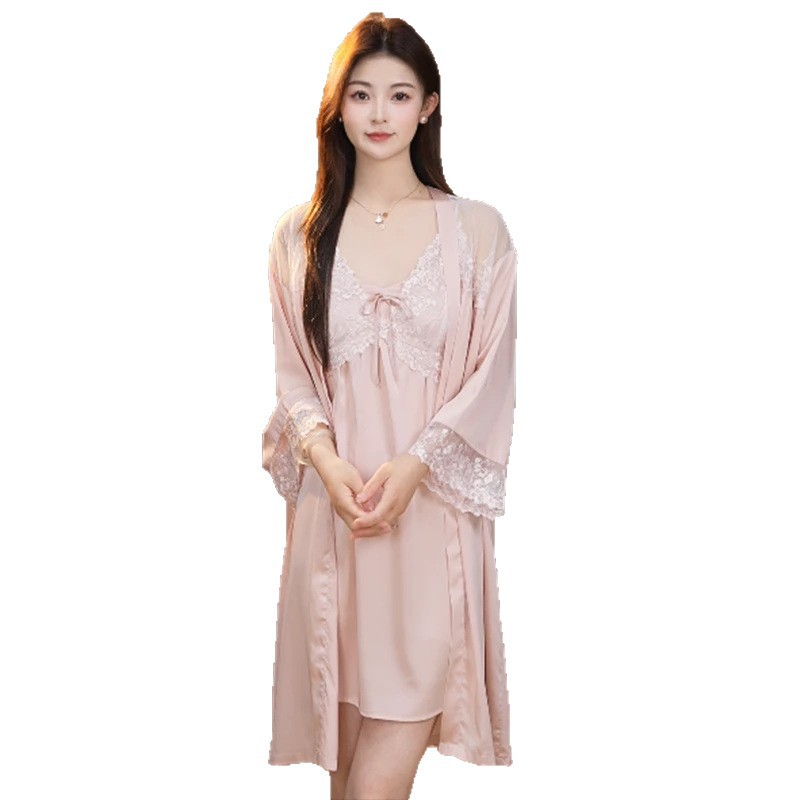 Sexy Nightdress Lace Bow Robe Hanging Two-piece Set