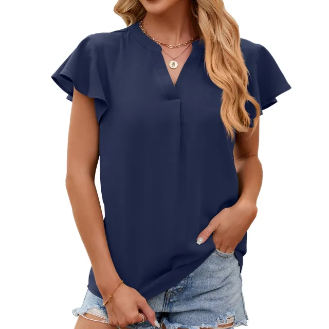 V neck Ruffled Sleeve Solid Color Short Sleeve Chiffon Loose Top Blue - Shop at LoveMi