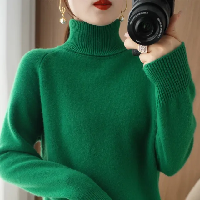 Women's Fashion High Collar Knitted Sweater Emerald L - Shop at LoveMi