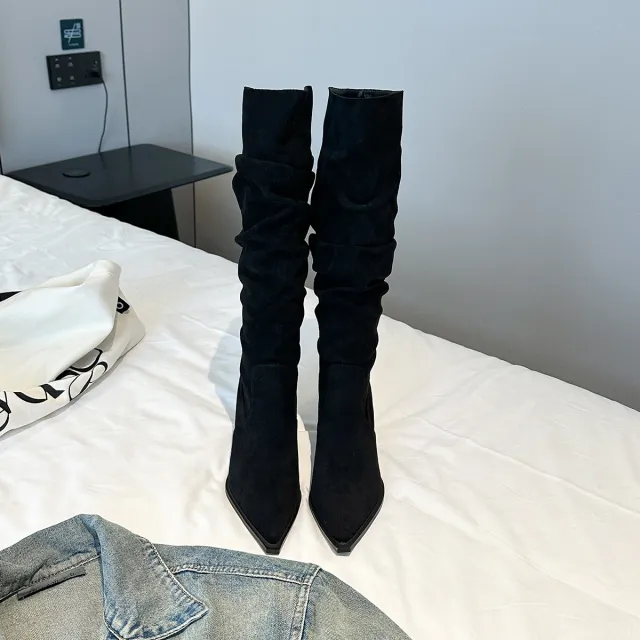 Pointed Toe Skinny Boots Below The Knee Boots Black - Shop at LoveMi