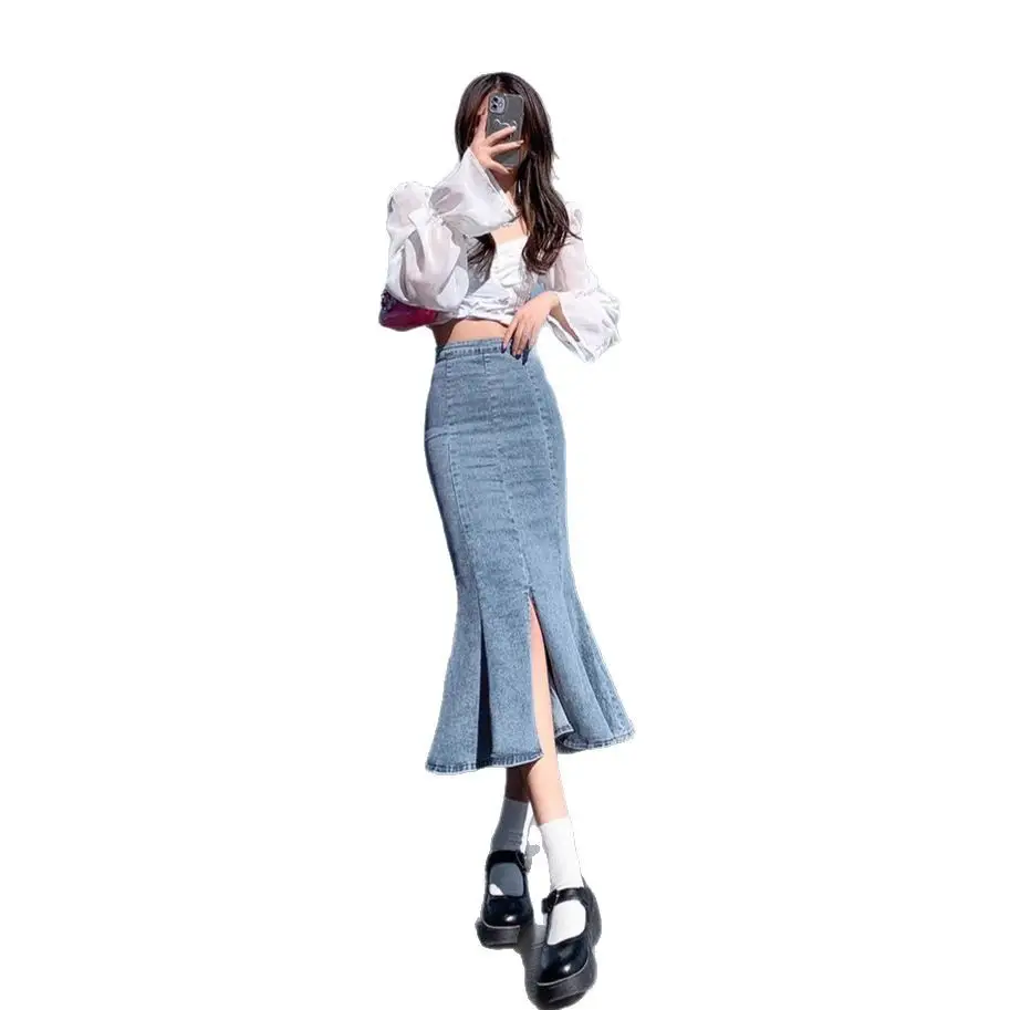 Short High-waisted Slit Mermaid Denim Skirt