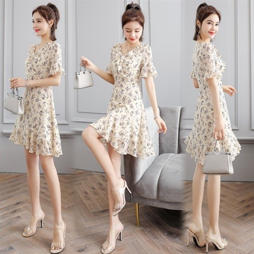 Chiffon Floral Women's Mid-length Temperament Youthful-looking Slimming Dress