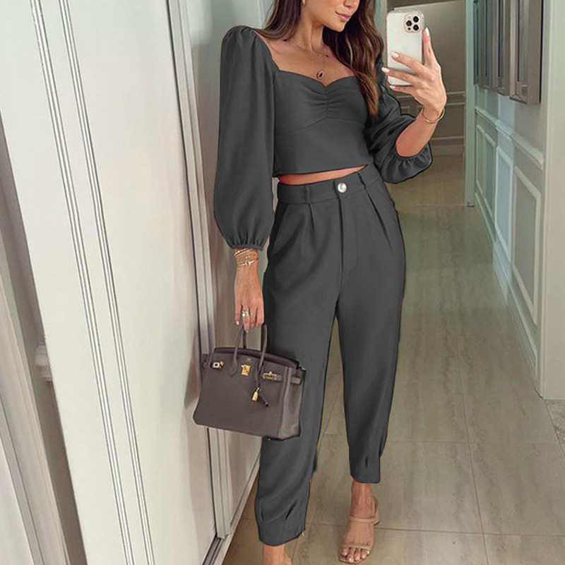 Fashion Matching Suit Temperament Pure Color Square Collar Long Sleeve Top High Waist Ankle tied Trousers Two piece Set Black - Shop at LoveMi