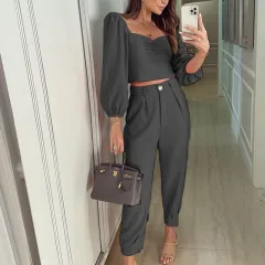 Fashion Matching Suit Temperament Pure Color Square Collar Long Sleeve Top High Waist Ankle-tied Trousers Two-piece Set - Black - View 1