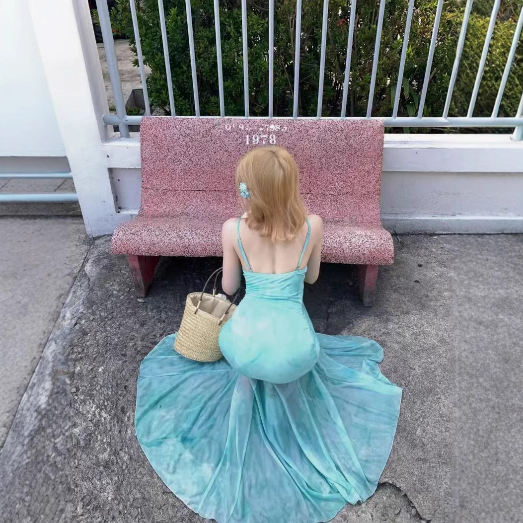 Lace Splicing Sling Vacation Style Slim-fit Fishtail Skirt Cinched Mesh