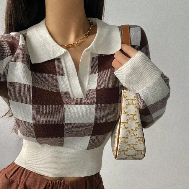 American Retro Plaid Slim Fit Short Sweater Brown - Shop at LoveMi