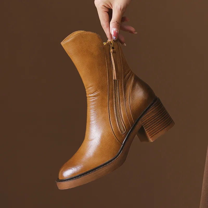 Thick Heel Brown Ankle Boots British Style Handsome - Brown