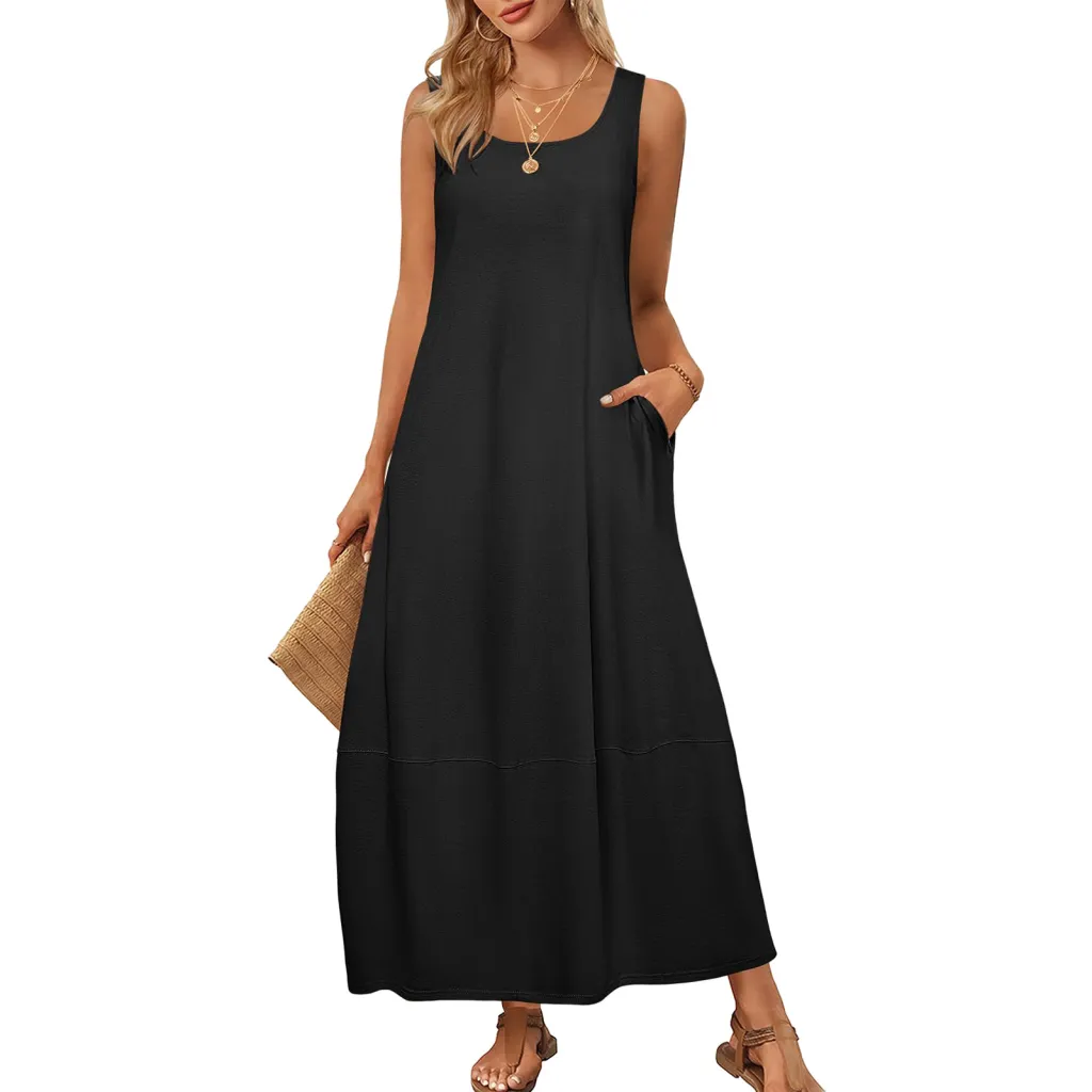 Solid Colour Pocket Sleeveless Casual Holiday Dress - Black