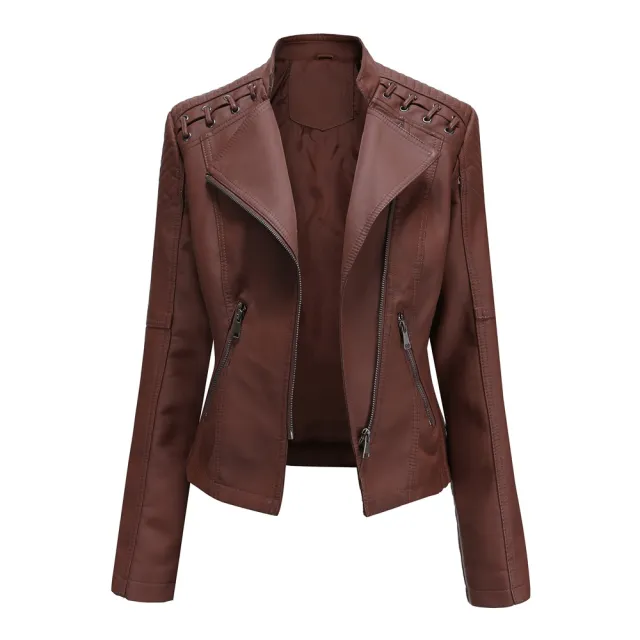 Slim Fit Thin Leather Coat Women's Motorcycle Clothing Coffee - Shop at LoveMi