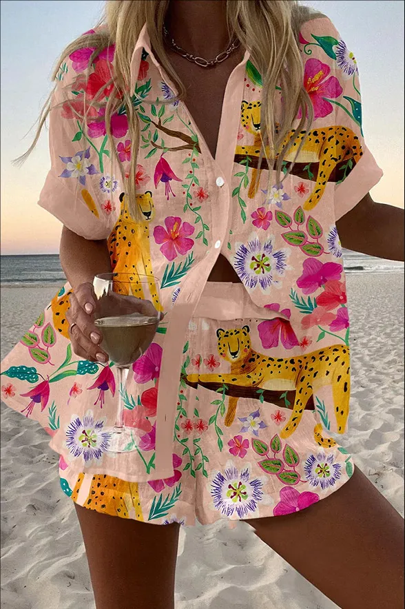 Women's Fashion Printed Casual Vacation Style Cardigan Shorts Suit - Color10