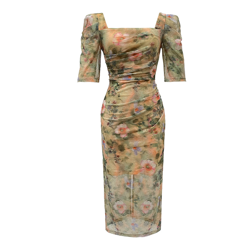 French Retro Square Collar Slim Slimming Floral Dress