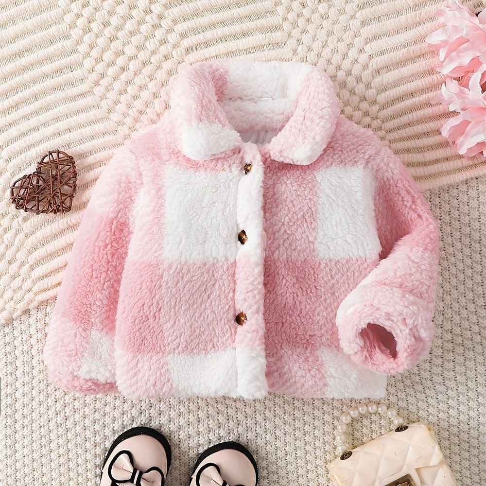 Children Girls' Autumn And Winter Lapel Plaid Single-breasted Long Sleeve Fashionable Korean Style Fashionable Velvet Coat — foto 2