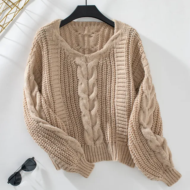 European And American Solid Color Twisted Sweater Women's Autumn Winter Retro Lantern Sleeve Twisted Sweater Khaki - Shop at LoveMi