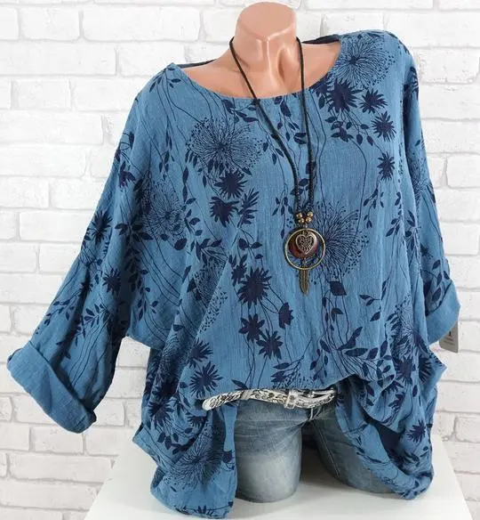 Spring And Autumn New European And American Plus Size Women's Clothes Scoop Small Leaf Printed Cotton And Linen T shirt Blue - Shop at LoveMi