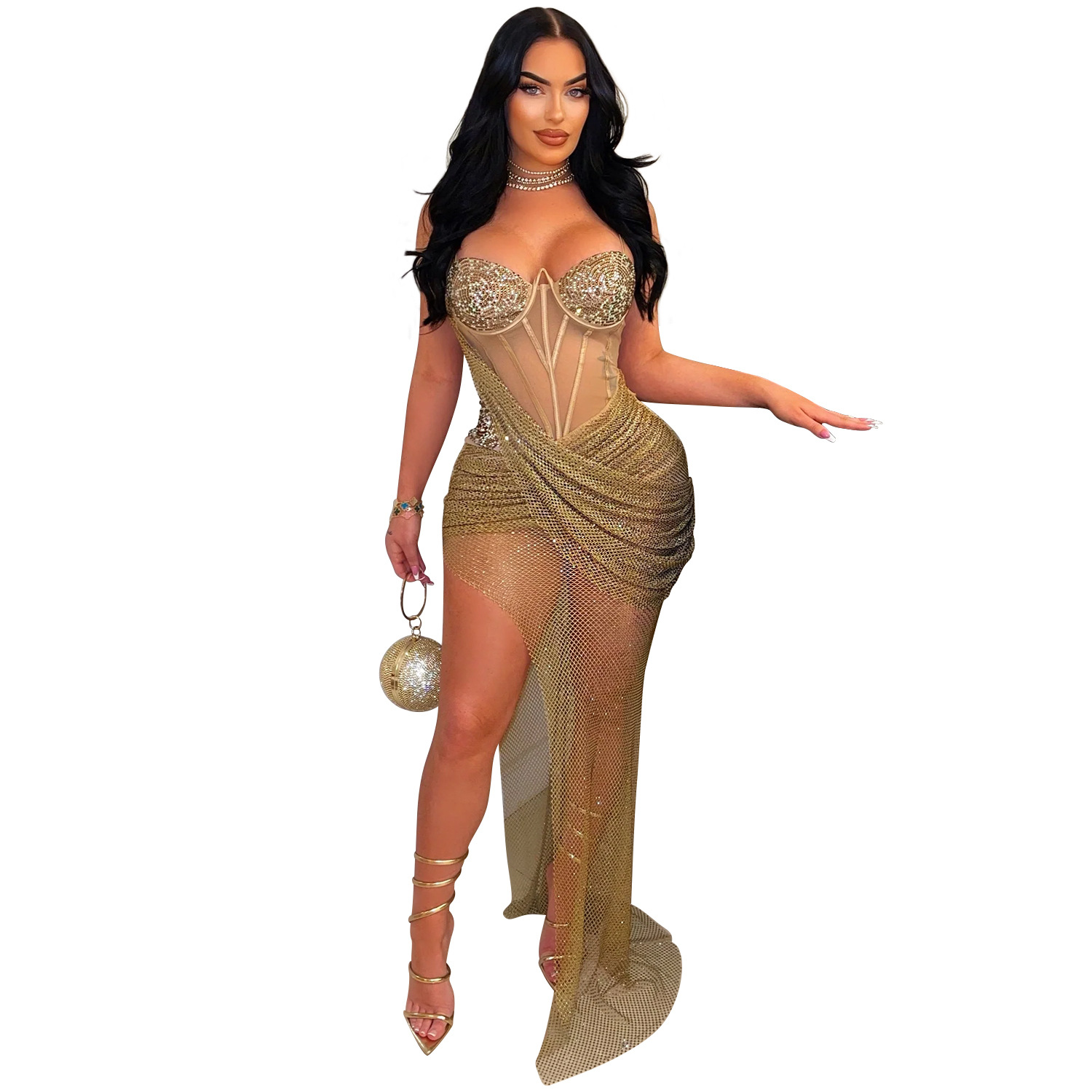 Women's Wear Sexy Mesh Rhinestone Sling Dress